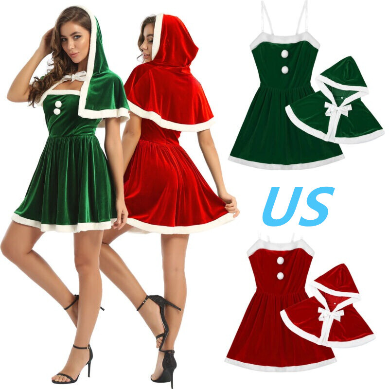 Women Christmas Reindeer Mrs Santa Outfits Xmas Hooded Cape with