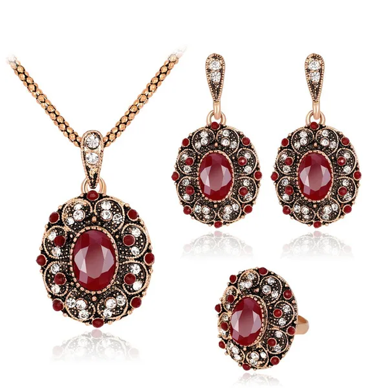 Retro Series Necklace Set Ancient KC Gold Ruby Necklace Earrings Ring Set of Three