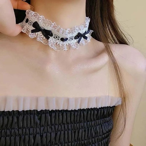 Weiße Baumwoll-Bowknot-Spitzencollar Kette Für Damen & Mädchen Schmuck