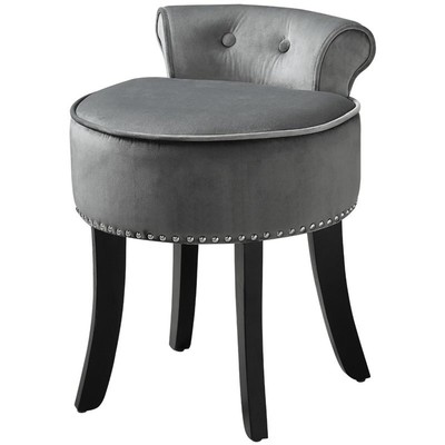 Posh Living Alena Tufted Velvet Vanity Stool with Nailhead Trim in Light Gray