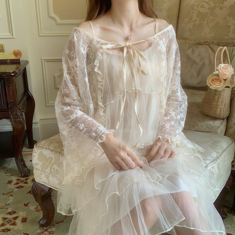 Chiffon Bolero Shirt Beige Spitze Floral Vintage Rüschen Mesh
