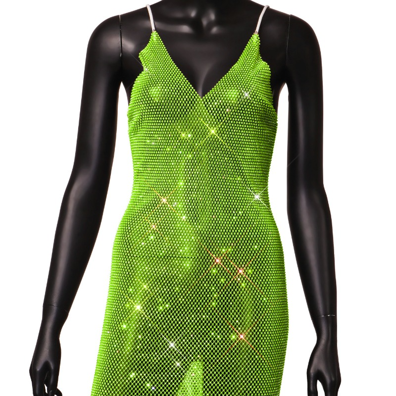 Sexy Donna Velato a Rete Strass Slip Abito Scollo V Prendisole Mini Brillantini