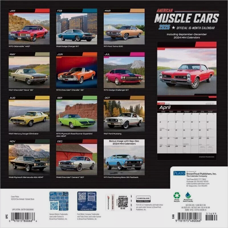 AMERICAN MUSCLE CARS -2025 Wall Calendar 12" X 24"  By Plato FAST DELIVERY