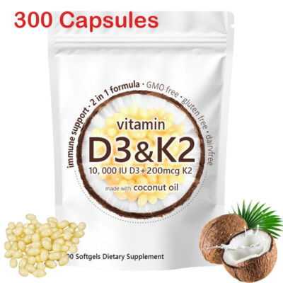 Vitamin D3 K2 Softgels Capsules - Extra Strength D3 K2 Supplements with 10000 IU