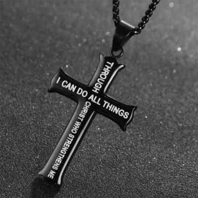 ''I Can Do All Things Through Christ'' Cross Christian Pendant Necklace Gift Black
