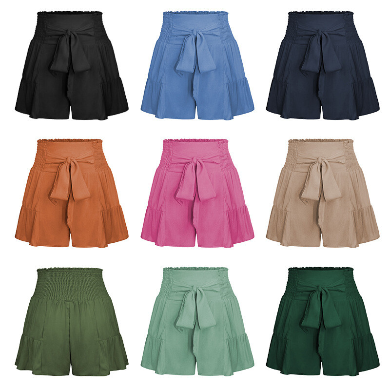 Women Shirred Wide Leg Shorts Pants Bow Tie Ruffle High Elastic Waist Casual