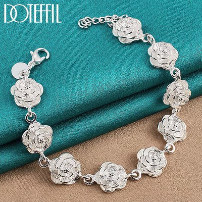 Silver Rose DOTEFFIL 925 Sterling Full Flower Chain Bracelet For Women Wedding