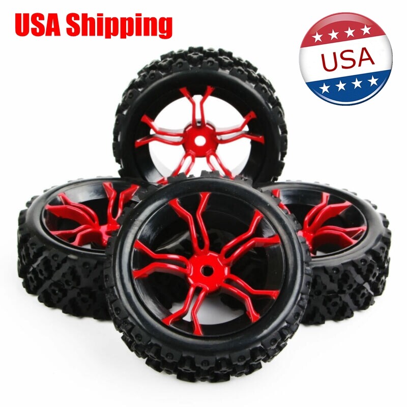 RC 4Pcs Rally Tires&Red Wheel Rims 12mm Hex for HSP HPI 1/10 off road Racing Car