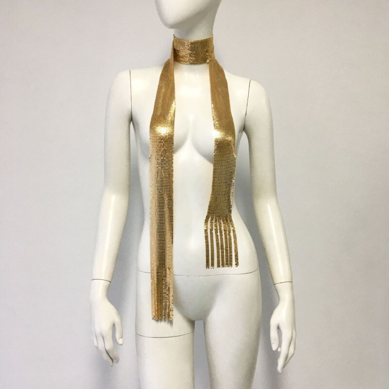 Tassel Metal Neck Tie Scarf Neckerchief Long Thin Skinny Glitter Shiny Party