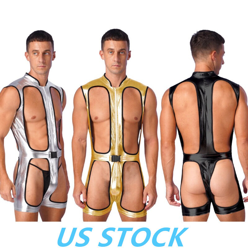 US Men Shiny Metallic Cutout Bodysuit One Piece Hollow Out Body Chest Harness