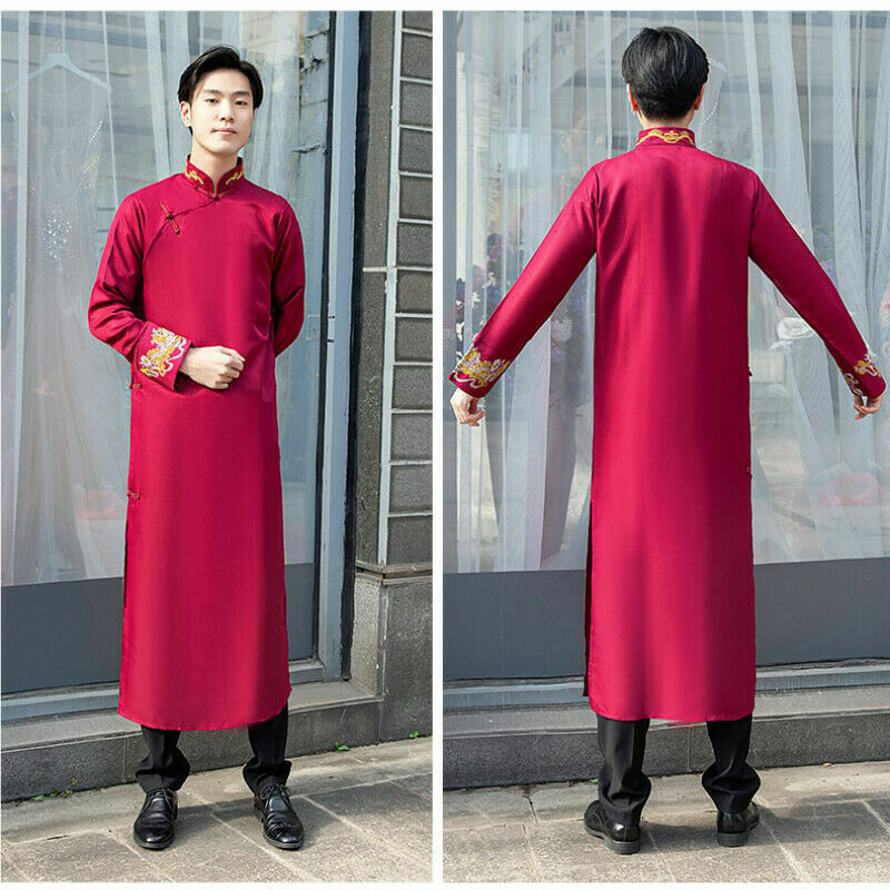 Men Embroidery Crosstalk Coat Tang Suit Kung Fu Chinese Robe Slit Wedding Gown