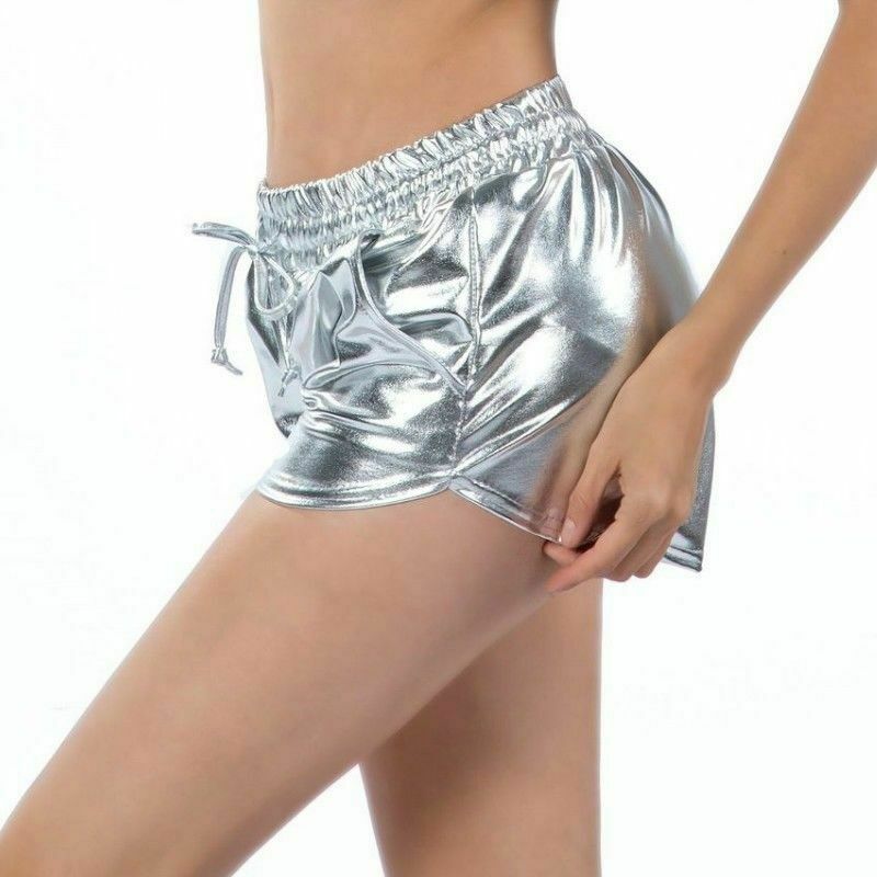 Women Girl Shiny Metallic Shorts Mini Party Club PU Elastic Waist Dance Sexy Bar