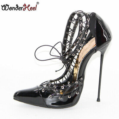 Wonder Style 16cm Extreme Thin Heel Patent Leather Sexy Pointed Toe Lace Up Pump