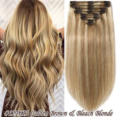 Thick Double Weft Clip In Real Remy Human Hair Extensions Full Head Highlight US