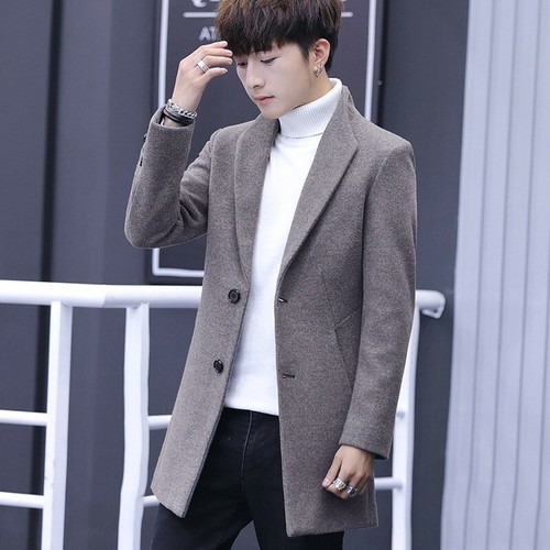 Mens Woolen Jacket Slim Fit Single Breasted Trench Coat Outwear Mid Length Hong2