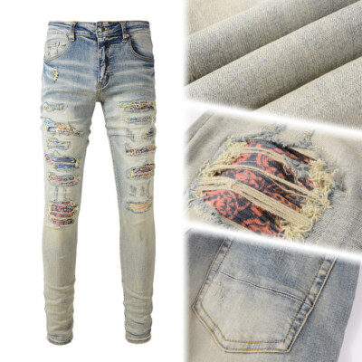 Men's Skinny fit Stretch Ripped Patches Sanding Washed Distressed Denim Jeans