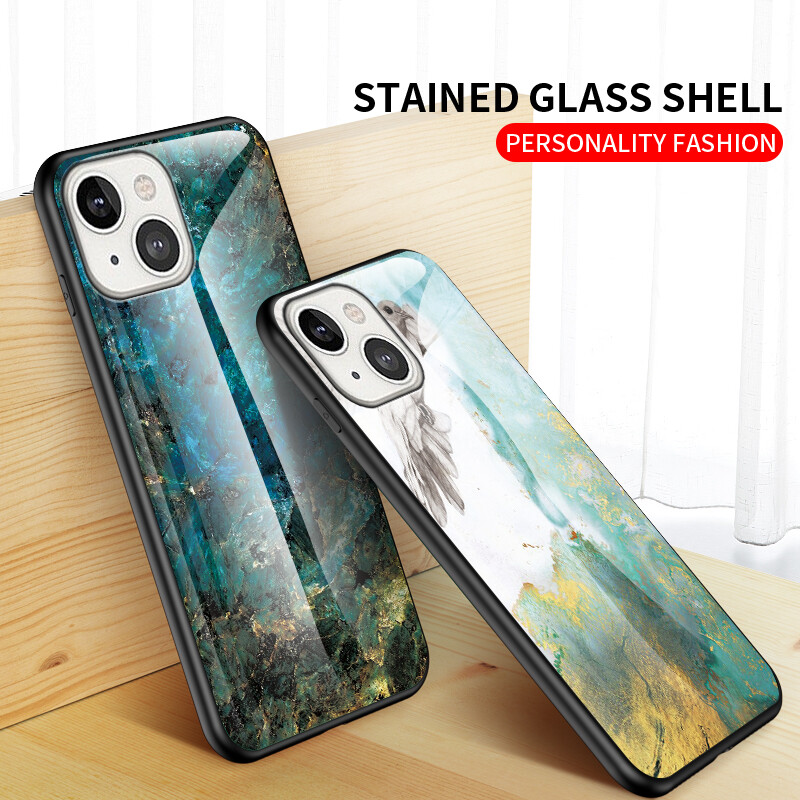 Case For iPhone 15 14 Pro Max 13 12 11 Marble Tempered Glass Shockproof Cover