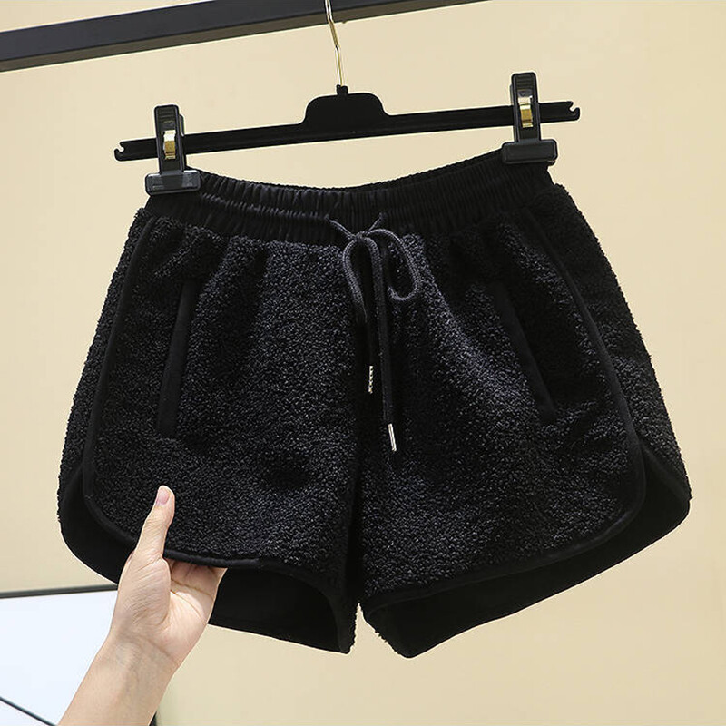 Damen Fleece Shorts Hotpants Hoch Kordelzug Taille Weites Bein Freizeit Outwear