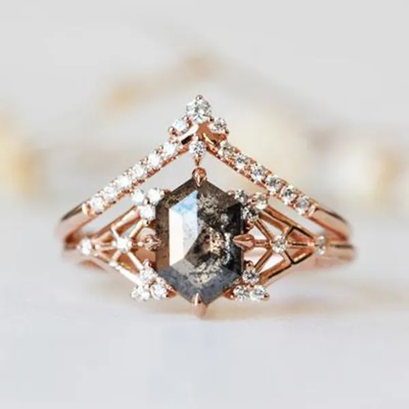 Salt and Pepper Diamond Engagement Ring Hexagon Diamond Engagement Ring Bridal Ring Alternative Ring