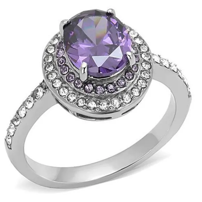 Women High Polished Stainless Steel Ring with AAA Grade CZ in Amethyst - Size 9