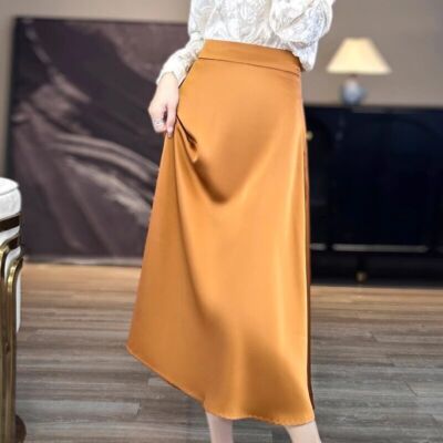 Women Satin Faux Silk Skirt A-line Midi Formal Shiny Soft
