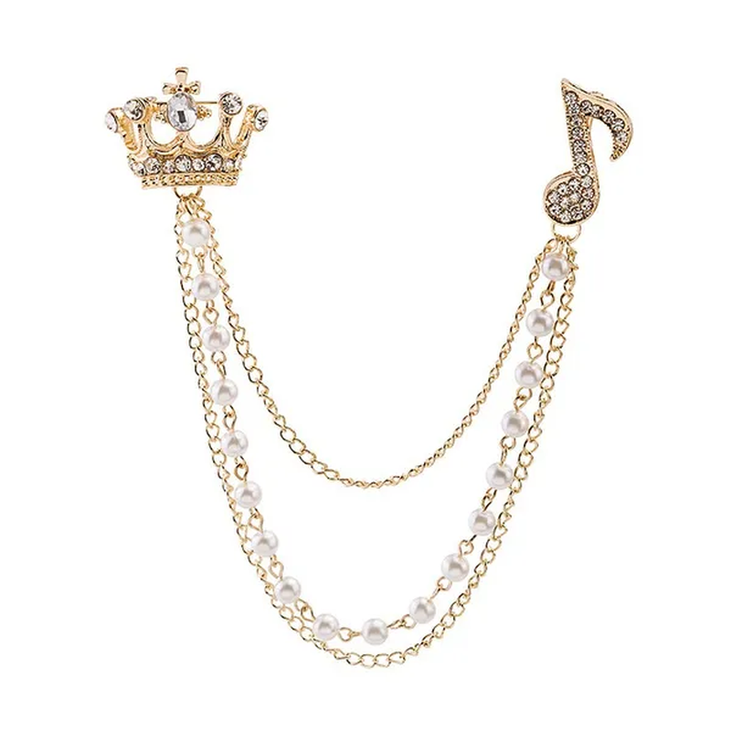 High-End Diamond-Encrusted Crown Note Pearl Tassel Brooch British Suit Pin Collar Badge