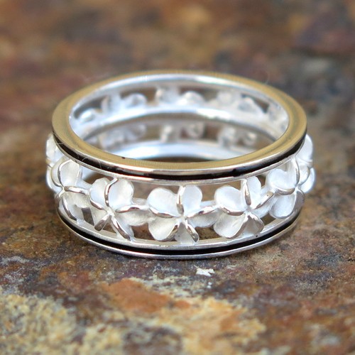 Hawaiian-925-Silver-Black-Border-Plumeria-Lei-Wedding-Ring-Band-6mm-SR-2191-IW