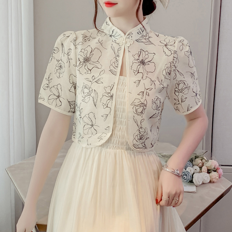 Lady Floral Printed Cropped Cardigans Bolero Shrug Chinese Capelet Dresses Shawl