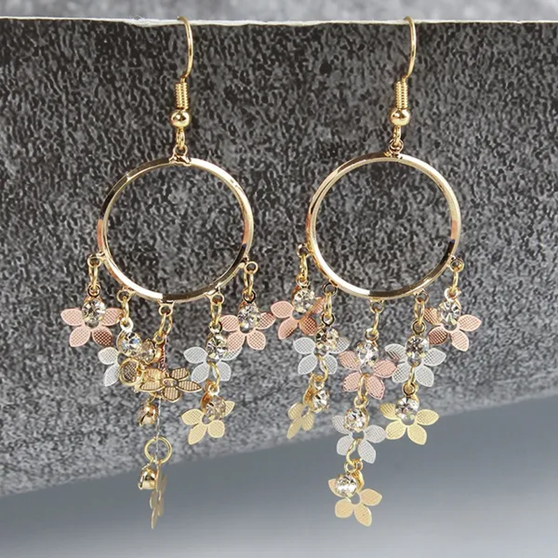 Woman Fashion Golden Circle Flower Tassel Earrings Jewelry