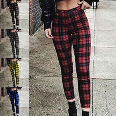 Womens High Waist Plaid Print Trousers Ladies Stretch Fit Casual Punk Long Pants