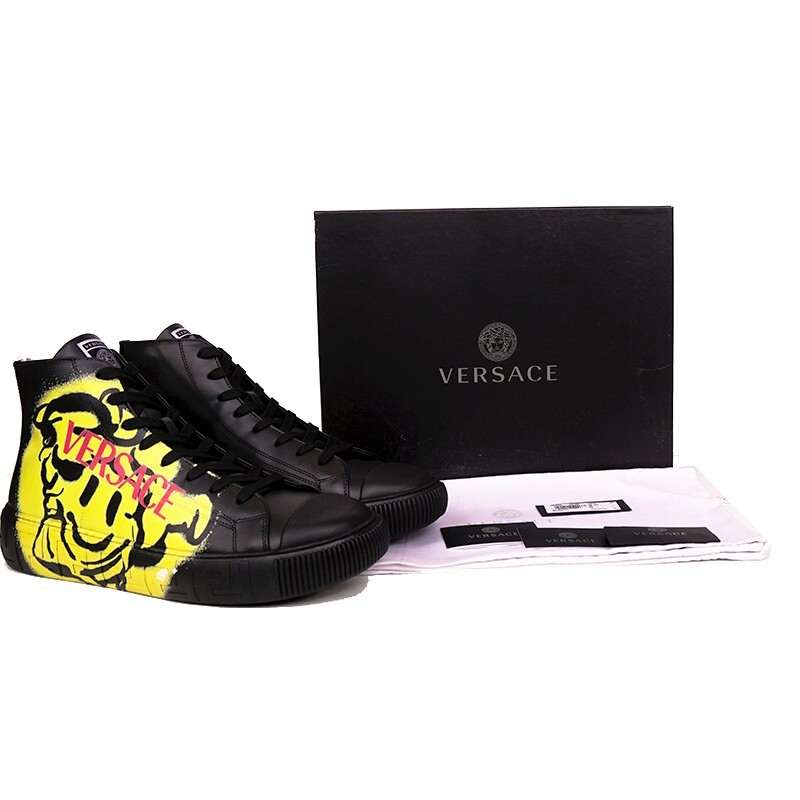 その他 VERSACE 47.5 US 14.5 NEW $850 VERSACE Black Leather SMILEY MEDUSA