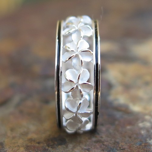 Hawaiian-925-Silver-Black-Border-Plumeria-Lei-Wedding-Ring-Band-6mm-SR-2191-IW