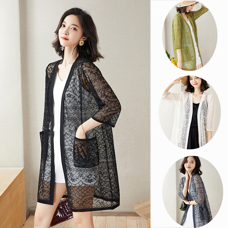 Donna Maglia Estate Cardigan Aperto Davanti Floreale Forato 3/4 Top Manica