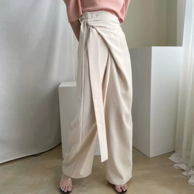 Korean women's high waisted bow pocket High Waist wide leg pants Trousers fashio