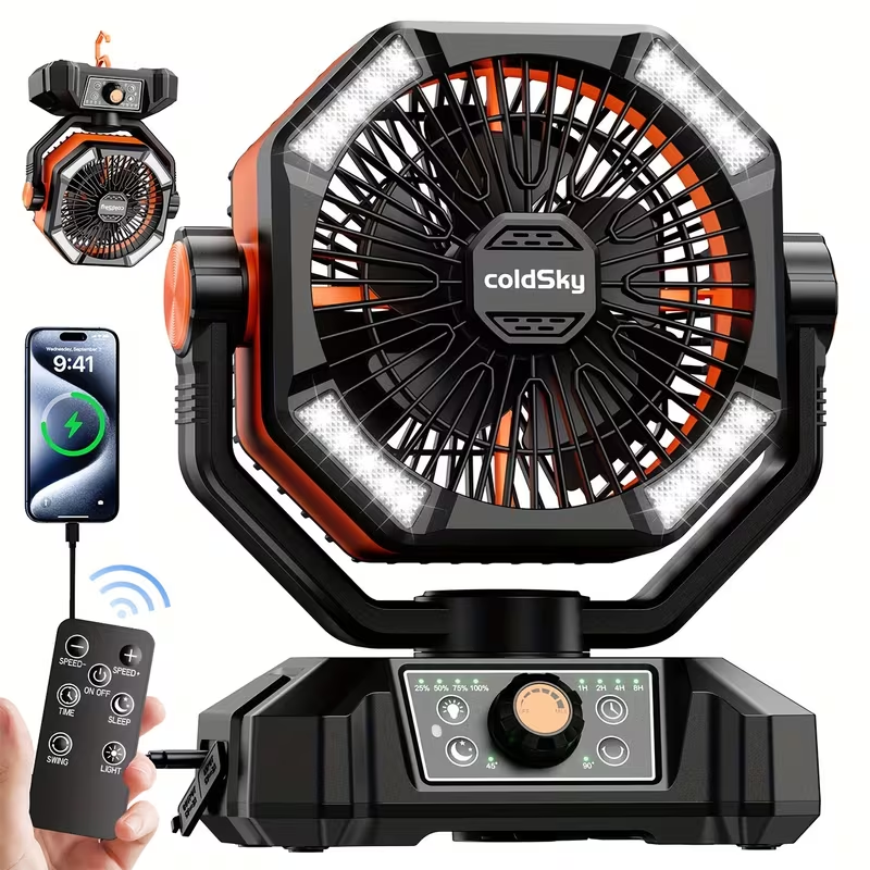 20000mAh Portable Camping Fan Dual Motor 8-Speed with Remote Control 4 LED Light