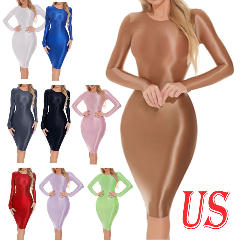 US Womens Oil Shiny Bodycon Mini Pencil Dress Round Neck Hip Wrap Dress Clubwear