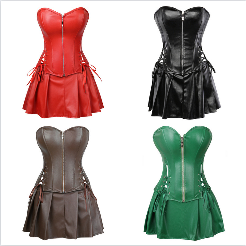 Women Faux Leather Dress Costume Bustier Bra Bralette Top Pleated Skirt Set