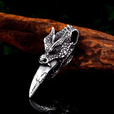 Silver Dragon Tooth Pendant Necklace Chain Men's Punk Retro Rock Biker Jewelry