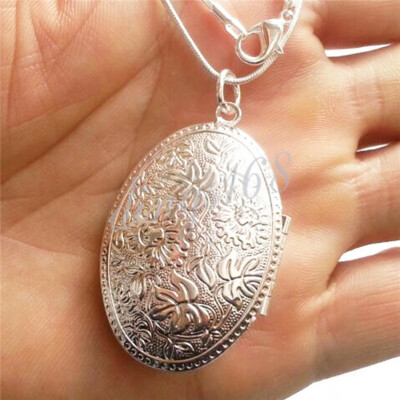 REAL 925 Sterling Silver Large Oval Shape Photo Locket Pendant+ 16''~38'' Necklace