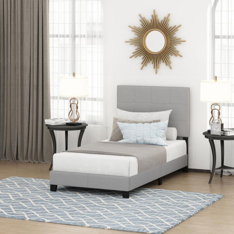 Twin Button Tufted Bed Frame Grey Upholstery With Button Headboard Furinno Laval