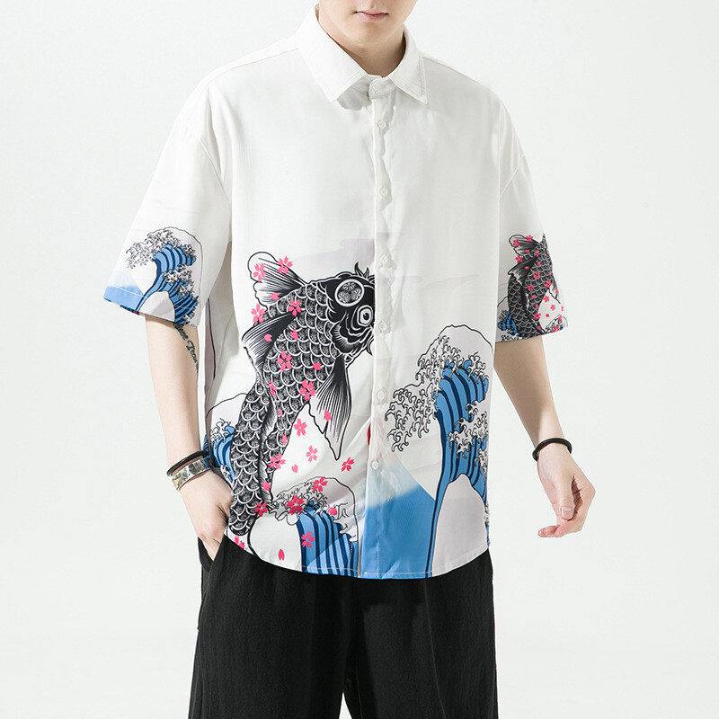 Hommes Imprimé Été Chemise Chemisier Manches Courtes Chinois T-Shirt Bouton Bas