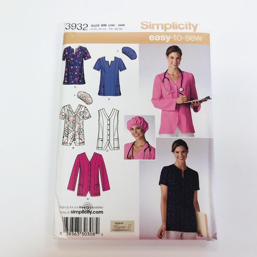 Simplicity Sewing Pattern 3932 Womens Scrub Tops Hat Size