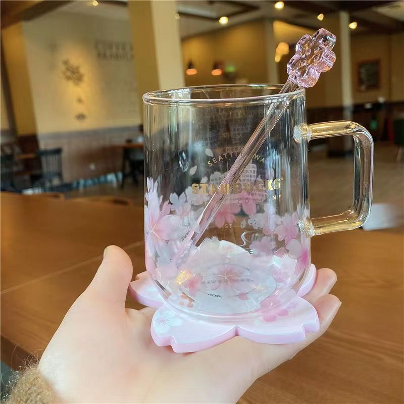 New Starbucks Pink Sakura Color changing Glass Coffee Mug Cup + Flower Stick