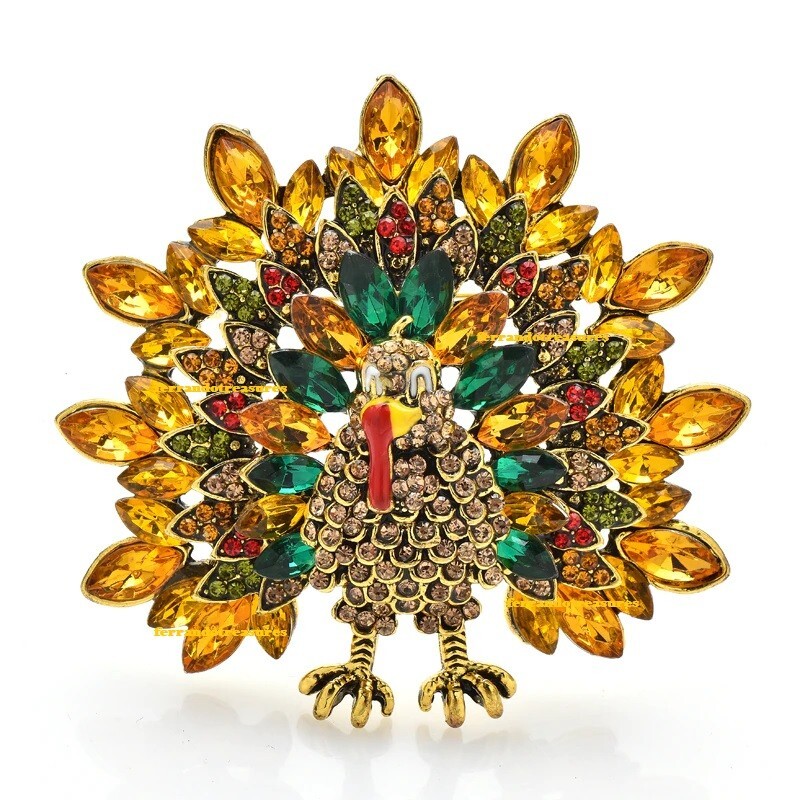 Turkey Thanksgiving Day / Fall Crystal Rhinestone Brooch Pin Velvet Bag - VIDEO