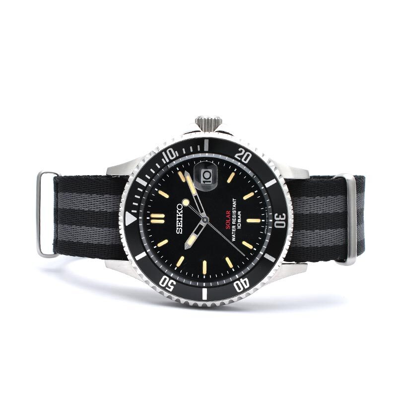 Pre-owned Seiko Szev014 Vintage Design Solar Analog Quartz Watch Nylon Band Black Dial