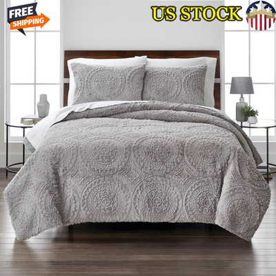 3 Pc Grey Faux Fur Comforter Set Embroidered Medallion Machine Washable Bedding