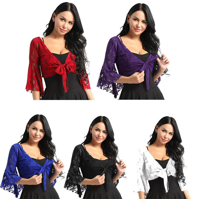 ️ Women's Bell 3/4 Length Flare Sleeves Front Tie Lace Bolero Cropped