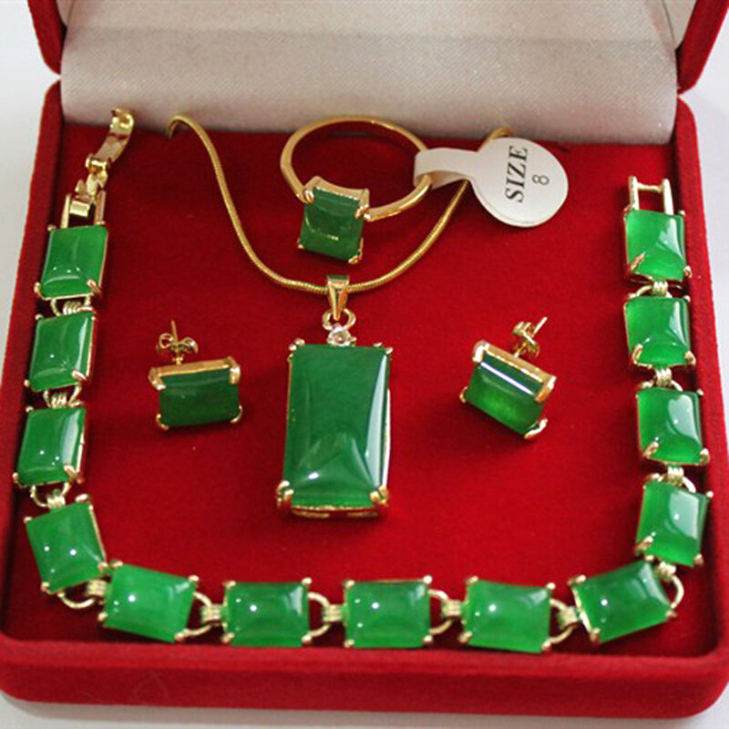 Green Jade 18K Gold Plated Pendant Necklace Bracelet Earrings Ring Jewelry Sets