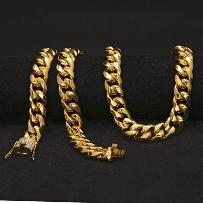 24K Gold 316L Stainless Steel Miami Cuban Link Chain with Heavy Duty Diamond Clasp