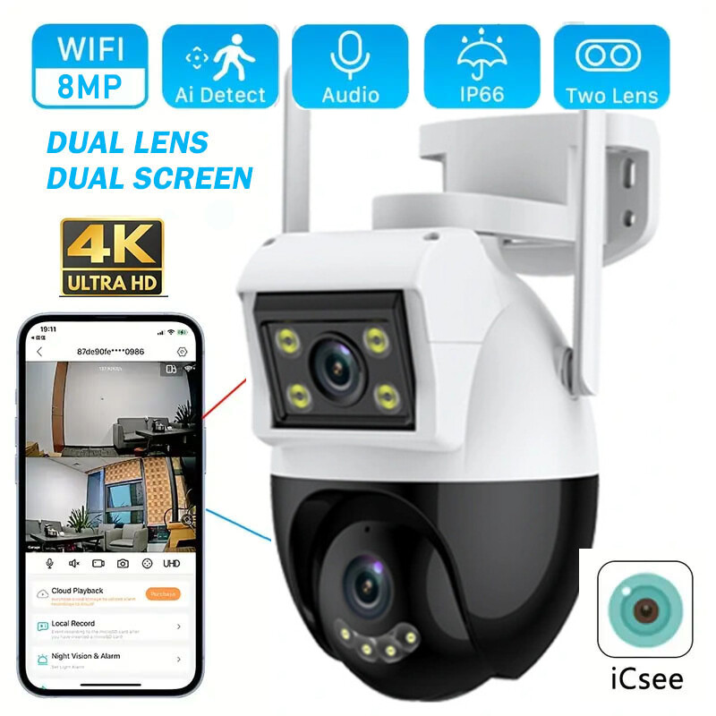 ICSee Dual Lens WiFi IP Camera Wireless Outdoor CCTV PTZ Home Security IR Cam